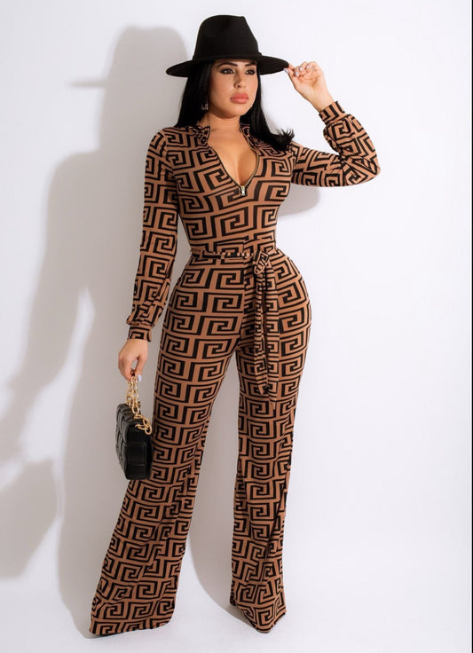 Women's Allover Printed Monogram Stand Collar Jumpsuit