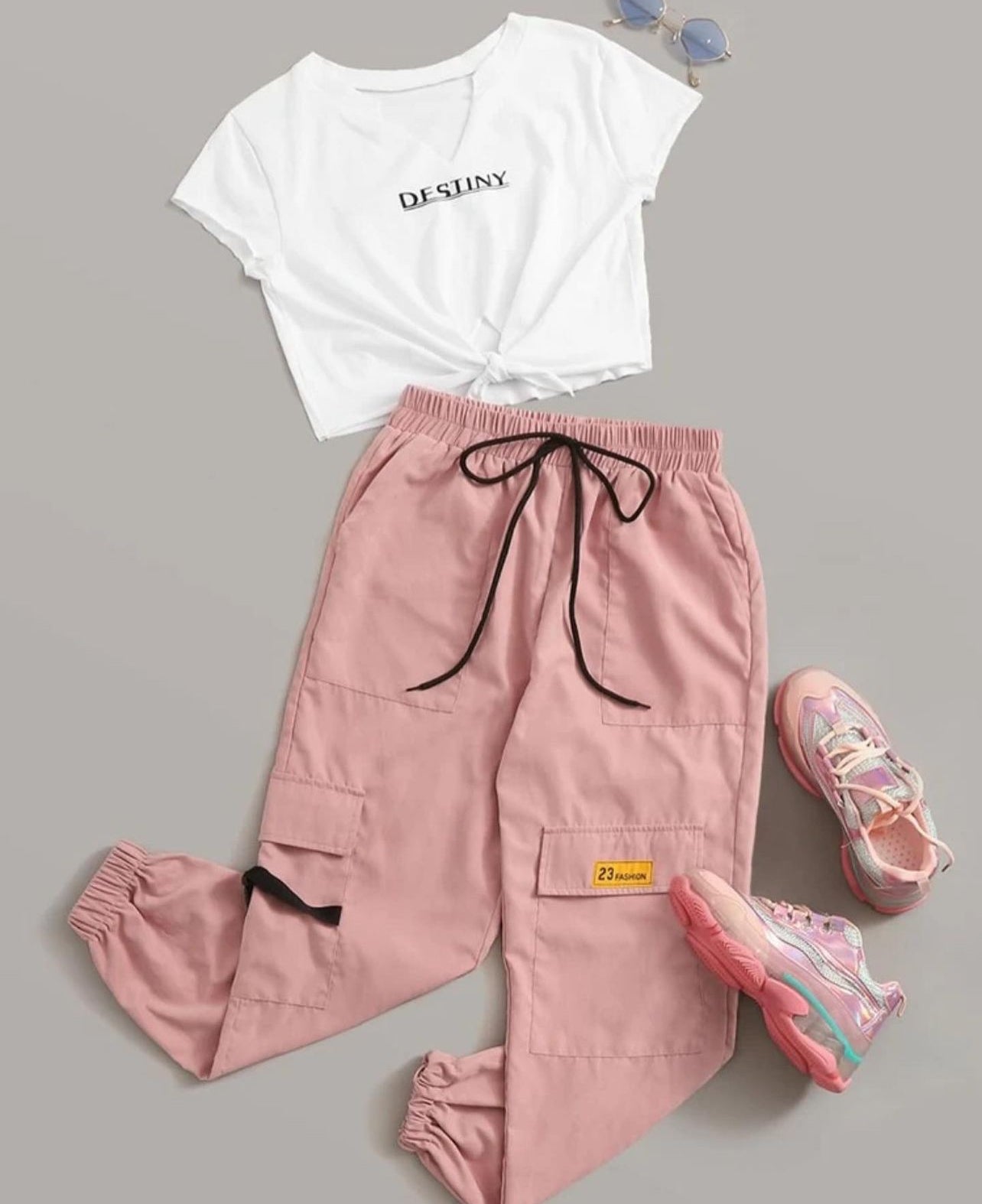 Letter Graphic Tie Front Tee And Flap Pocket Pants