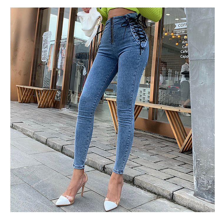 Cross-border foreign trade jeans women's spring new European and American fashion high waist elastic denim trousers skinny pants