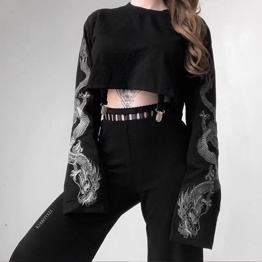 Women Print Batwing Sleeve Basic Cropped Long Sleeve Sweatshirt