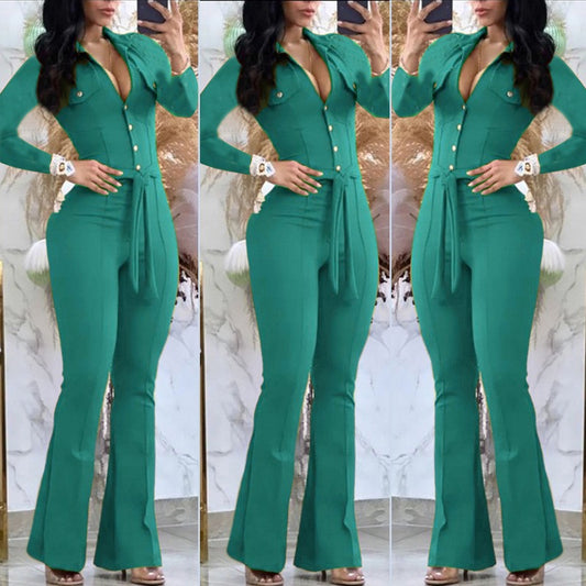 Collared Belted Flare Jumpsuit