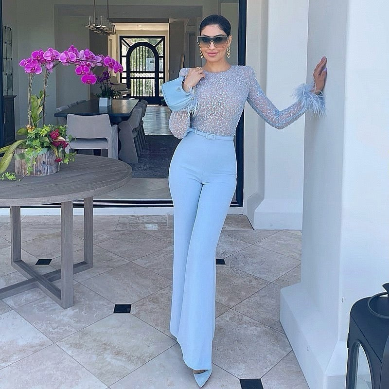 Feather Cuffed Sequined Jumpsuit