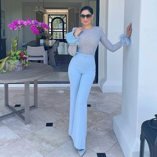 Feather Cuffed Sequined Jumpsuit