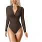 Zip-Up Mock Neck Bodysuit Set, Casual Long Sleeve Bodysuit