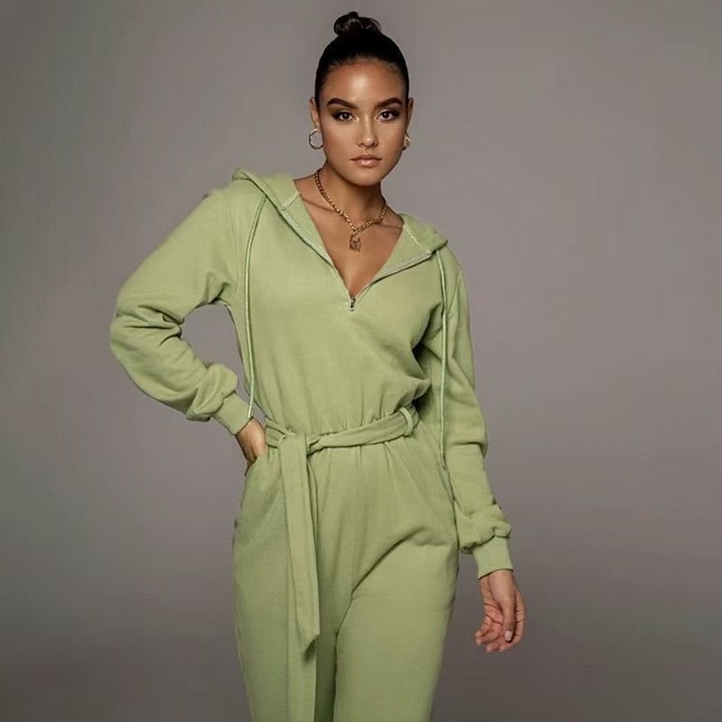 Winter Casual Drawstring Hooded Waist Jumpsuit