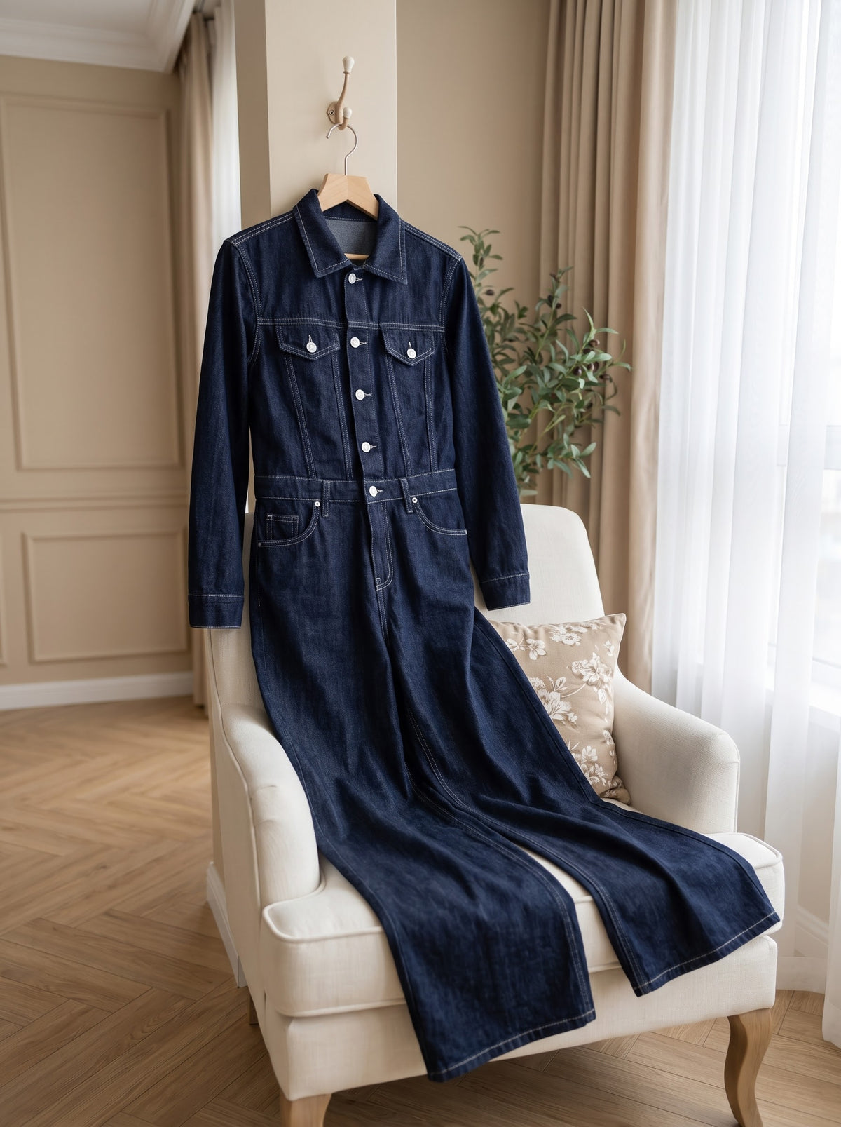 Long Sleeve Denim Jumpsuit