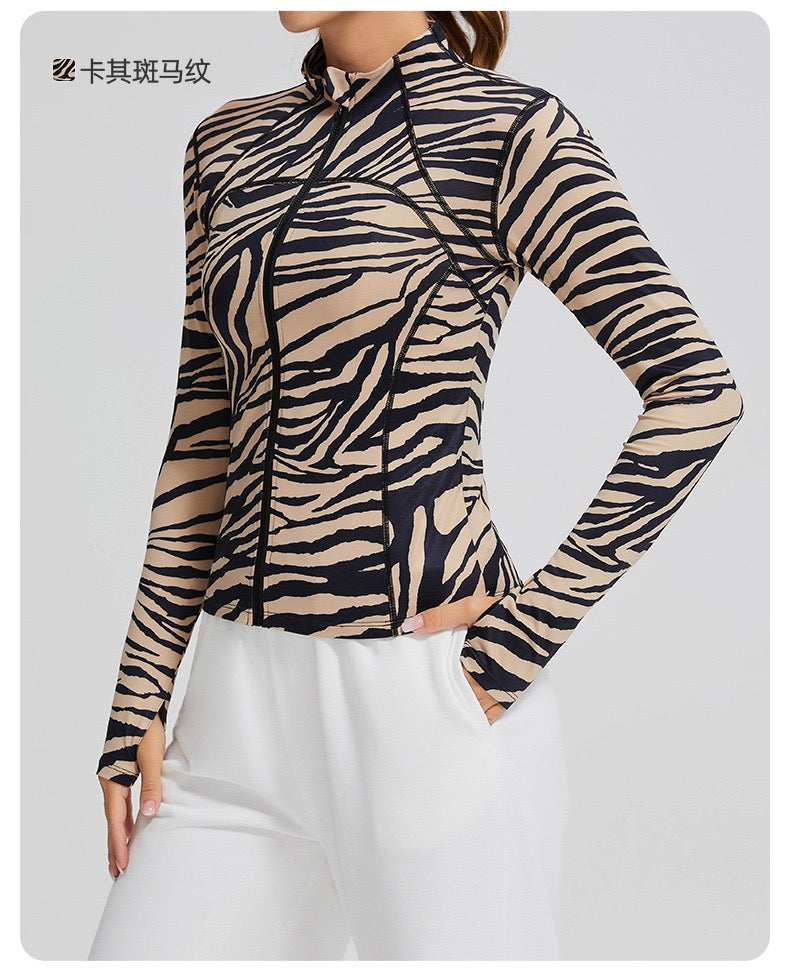 Zebra Print Front Zipper Long Sleeve Jacket