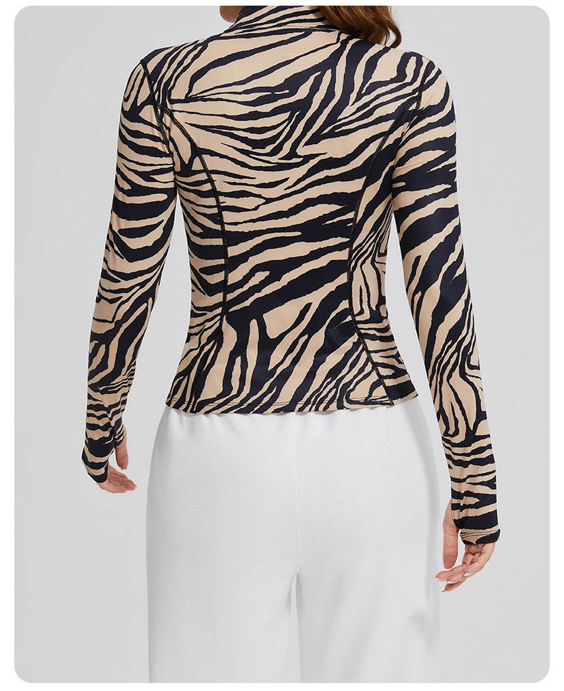 Zebra Print Front Zipper Long Sleeve Jacket