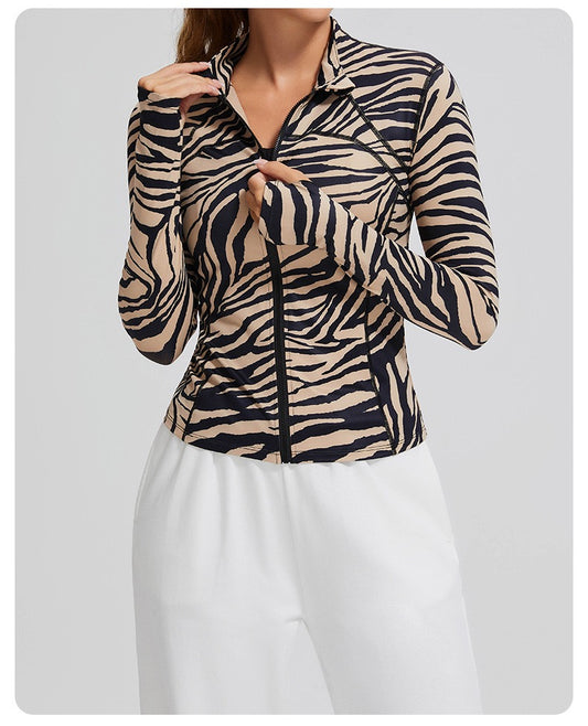 Zebra Print Front Zipper Long Sleeve Jacket