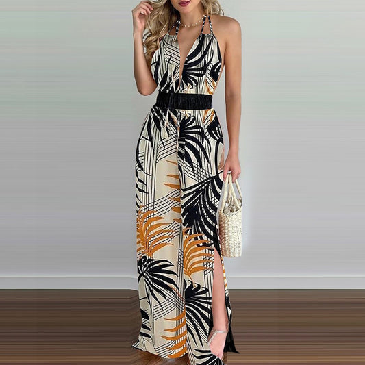 ‏High-Slit Printed Halter Jumpsuit