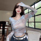 Mesh Long-sleeve Graphic Top
