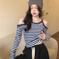Design sense off-the-shoulder striped T-shirt women's 2022 autumn new niche tight-fitting long-sleeved slim short student tops
