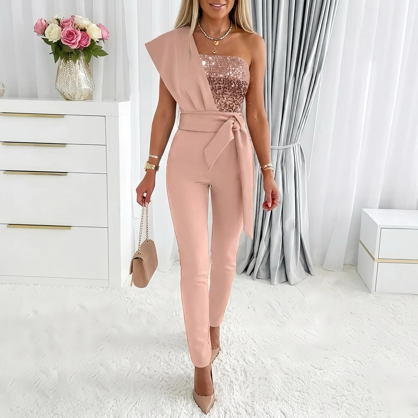 One Shoulder Sequin Jumpsuit