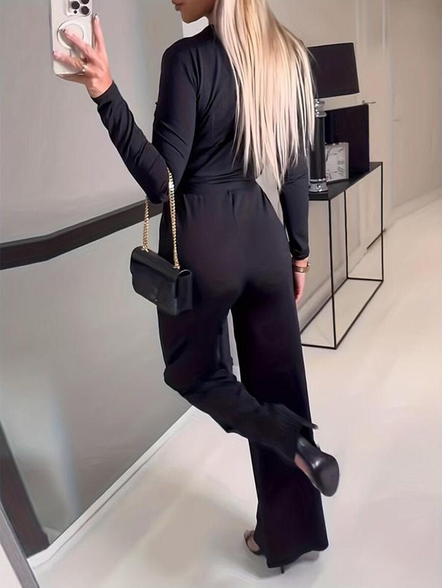 Long Sleeve Wrap Jumpsuit