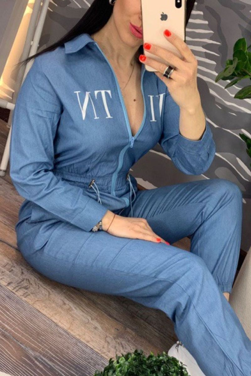 New Fashion Casual Women Denim Jumpsuit Full Sleeve Turn-down Collar Sashes Women Jumpsuit.