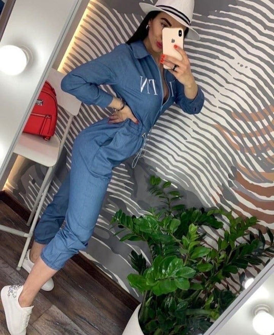 New Fashion Casual Women Denim Jumpsuit Full Sleeve Turn-down Collar Sashes Women Jumpsuit.