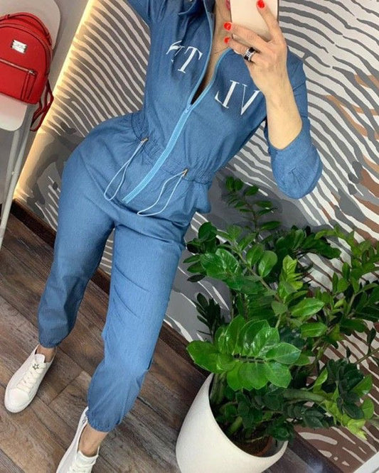 New Fashion Casual Women Denim Jumpsuit Full Sleeve Turn-down Collar Sashes Women Jumpsuit.