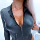 European and American fashion new black pu zipper sexy bodysuit.