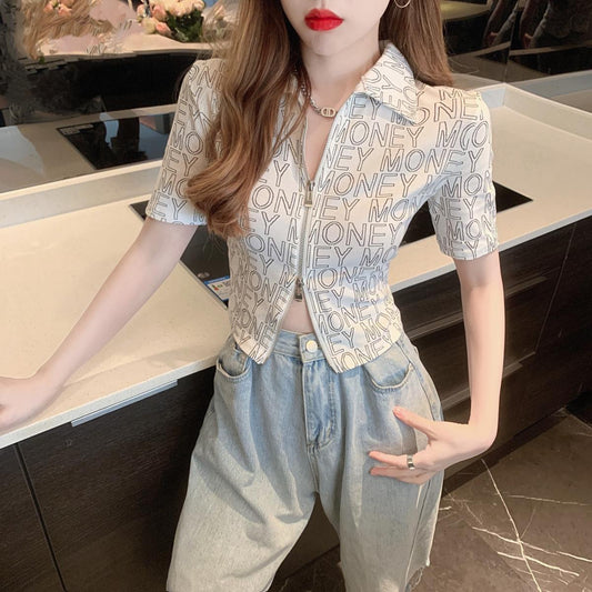 new letter lapel short-sleeved T-shirt slim-fit short double zipper crop top temperament cardigan tide