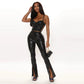 PU Leather Pants European and American Classic High Waist Elastic Flared Pants Women's Slit Pants