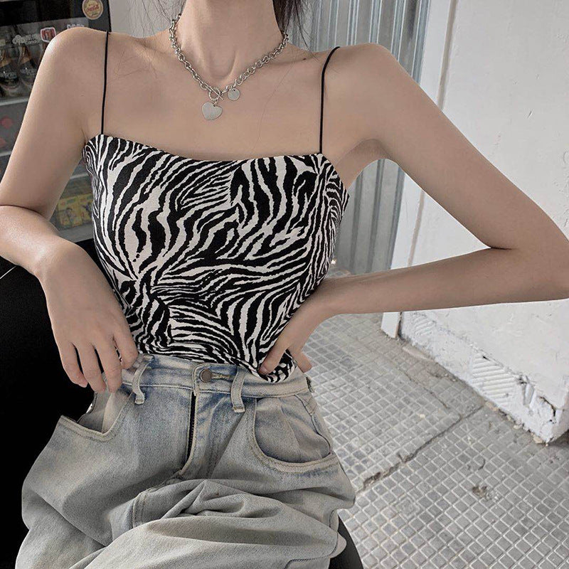 camisole women's summer sexy tight babes short zebra pattern outer wear inner bottoming shirt top