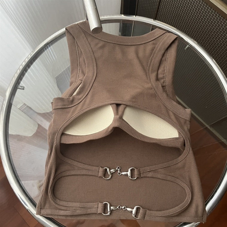 hot girl short camisole with integrated chest pad sleeveless round neck top