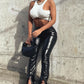 PU Leather Pants European and American Classic High Waist Elastic Flared Pants Women's Slit Pants