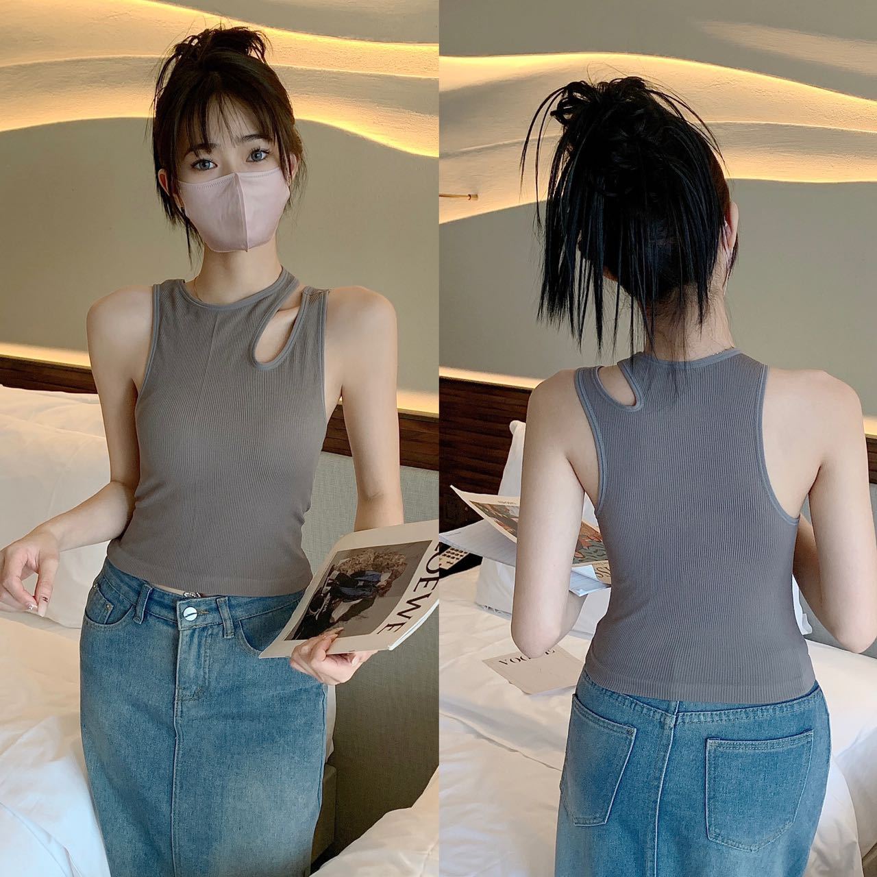 Korean hiphop oblique shoulder vest tops