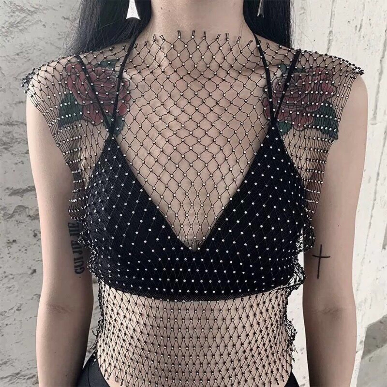 Rhinestone Fishing Net Top Europe and America Summer Hot Style Mesh Diamond Flash Diamond Women's Short-sleeved Vest