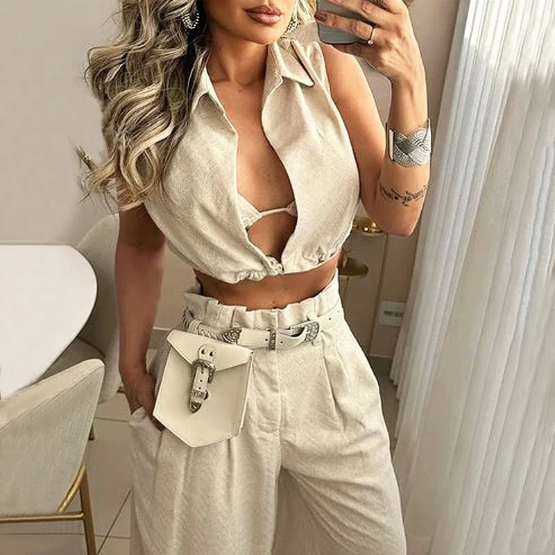 solid color lapel sexy sleeveless top and pants suit without belt