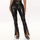 PU Leather Pants European and American Classic High Waist Elastic Flared Pants Women's Slit Pants