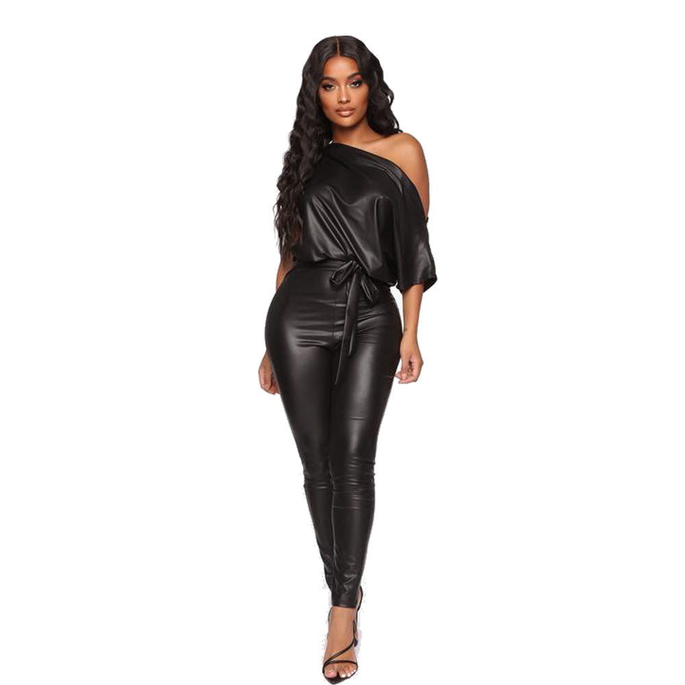 Cross-Border Leather New Strappy Off-the-Shoulder Slim Fashion Jumpsuit