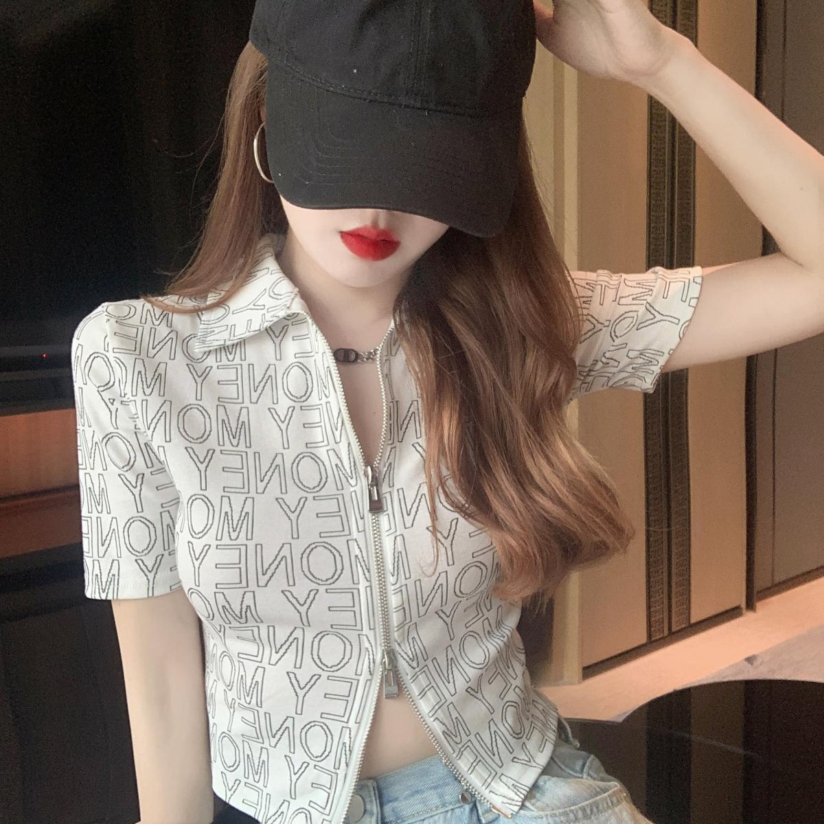 new letter lapel short-sleeved T-shirt slim-fit short double zipper crop top temperament cardigan tide