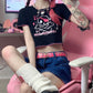 Short top female 2023 summer hot girl ins Harajuku style dark cartoon print round neck short sleeve navel T-shirt tide