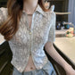 new letter lapel short-sleeved T-shirt slim-fit short double zipper crop top temperament cardigan tide