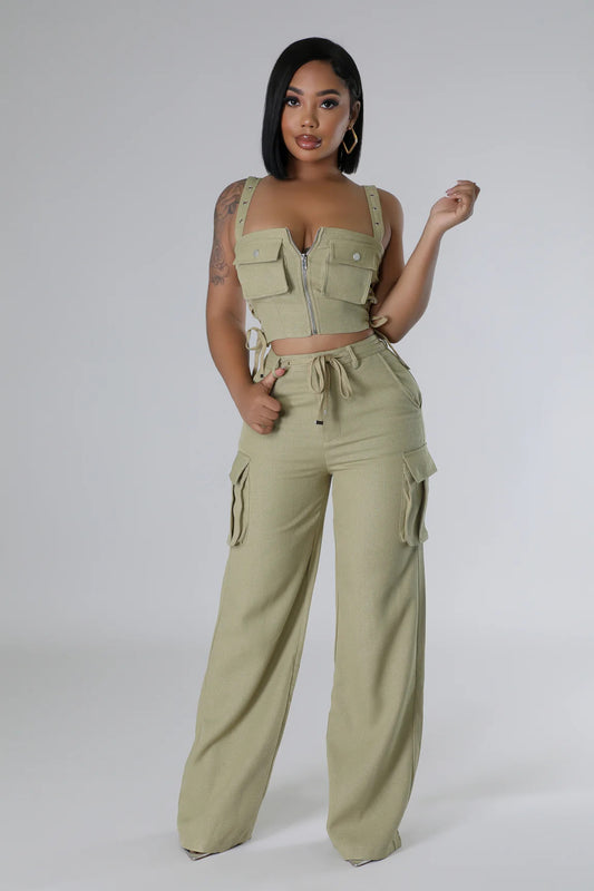 Suspenders V-Neck Tight Height Waist Slim Cargo Set