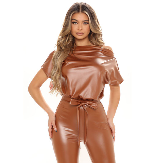 Cross-Border Leather New Strappy Off-the-Shoulder Slim Fashion Jumpsuit