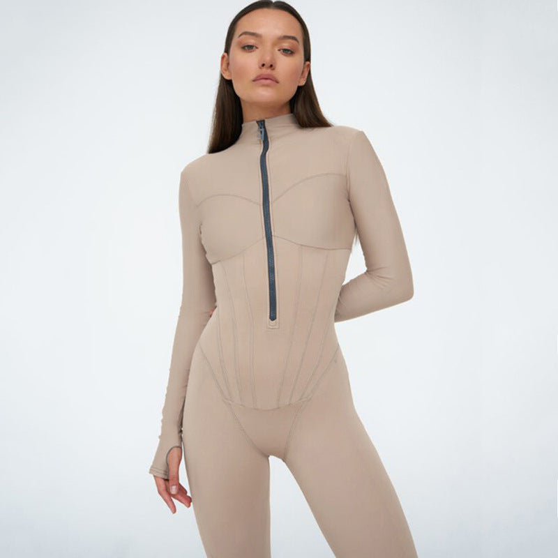 foreign trade women's tight zipper jumpsuit European and American style autumn long-sleeved round neck jumpsuit.