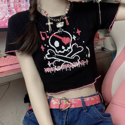 Short top female 2023 summer hot girl ins Harajuku style dark cartoon print round neck short sleeve navel T-shirt tide