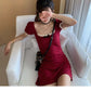 temperament waist slimming square collar lace edge knitted suspenders slim dress girl students