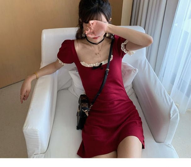 temperament waist slimming square collar lace edge knitted suspenders slim dress girl students