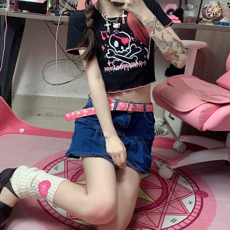 Short top female 2023 summer hot girl ins Harajuku style dark cartoon print round neck short sleeve navel T-shirt tide