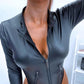 European and American fashion new black pu zipper sexy bodysuit.