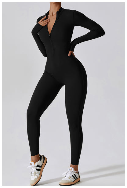 European and American zipper long-sleeved jumpsuit high-intensity