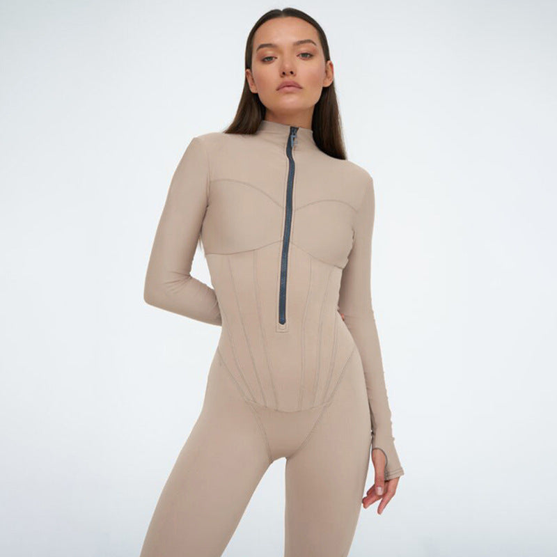 foreign trade women's tight zipper jumpsuit European and American style autumn long-sleeved round neck jumpsuit.