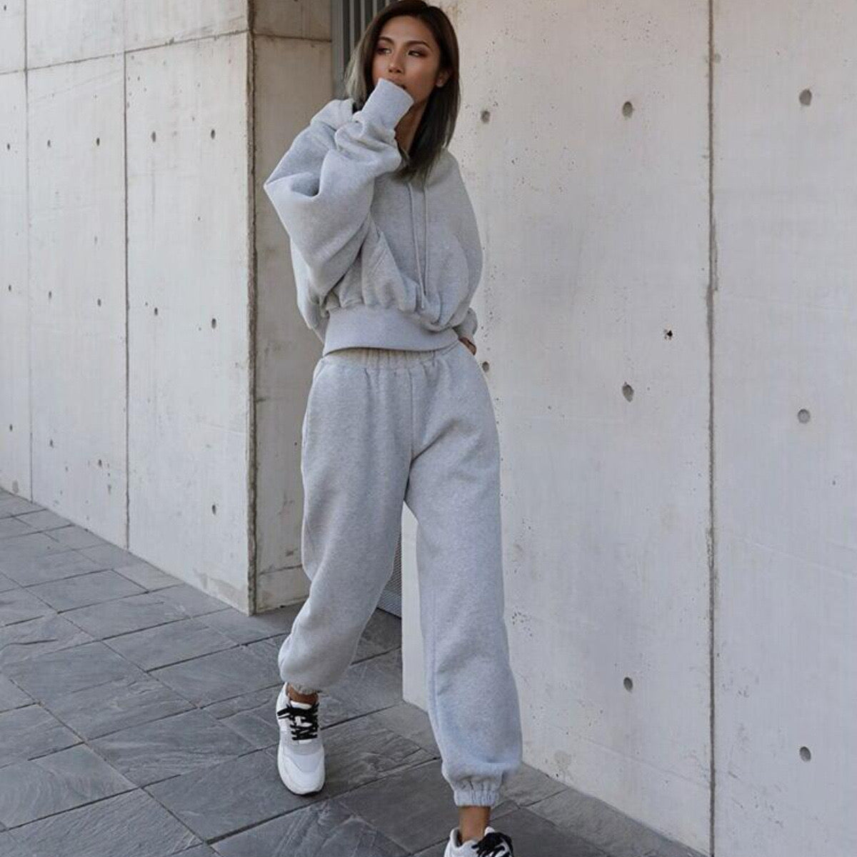 Solid Warm Hoodie and Pants Set Autumn Casual Tracksuit