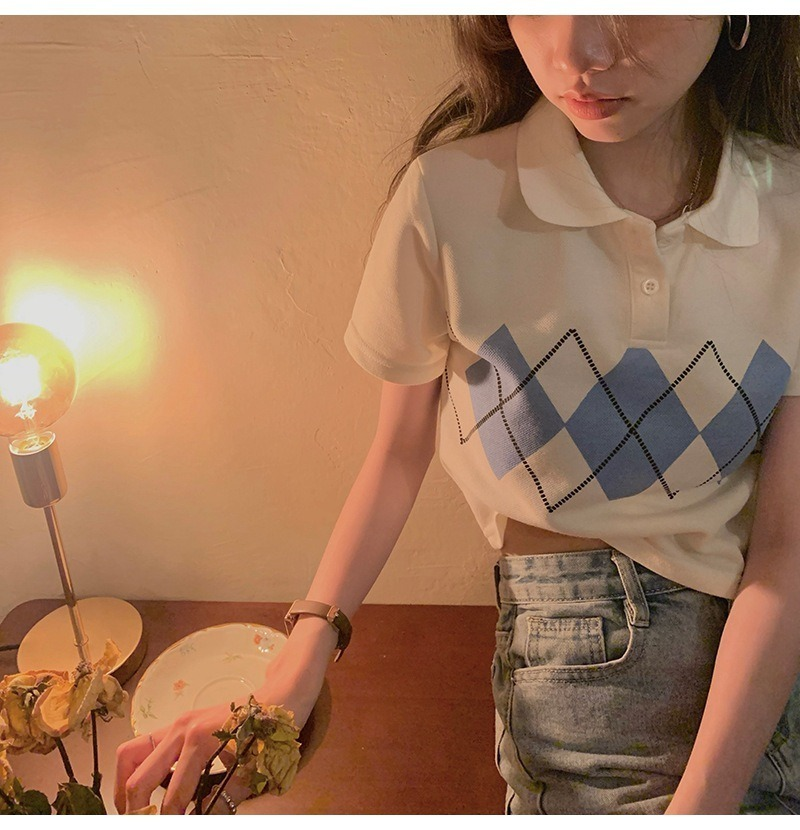 Lapel Plaid T-Shirt Summer Style Korean Clothing Fashion Ladies Crop Top Slim Women T-Shirt