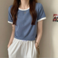 Contrasting color round neck short-sleeved t-shirt women's 2023 new summer bottoming shirt Korean version of slim short student top trend