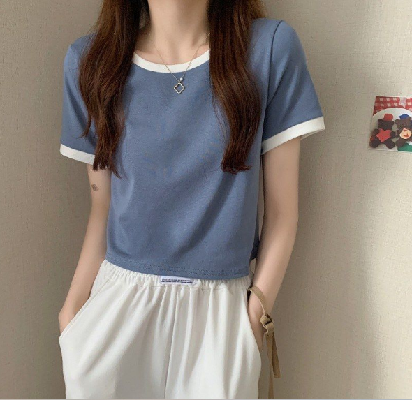 Contrasting color round neck short-sleeved t-shirt women's 2023 new summer bottoming shirt Korean version of slim short student top trend