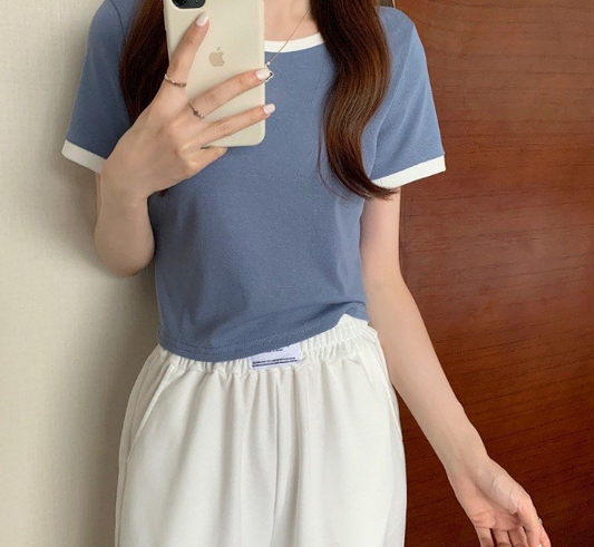 Contrasting color round neck short-sleeved t-shirt women's 2023 new summer bottoming shirt Korean version of slim short student top trend